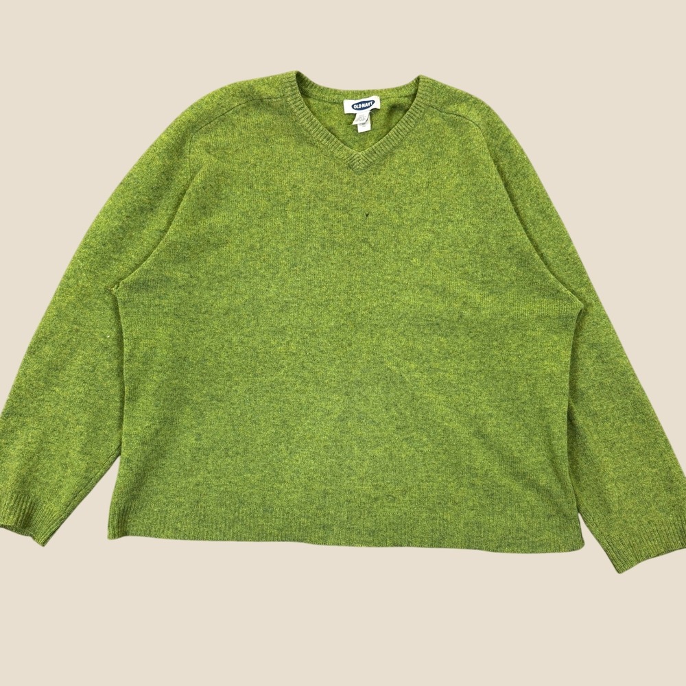 Vintage 90s Old Navy Lambswool Sweater Women XXL Green V Neck Wool Pullover